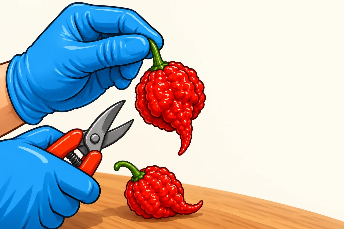 A hand in a blue glove holds a bumpy red Carolina Reaper pod with a curled tail by its stem, snips in the other gloved hand and a second pod on a wooden table.