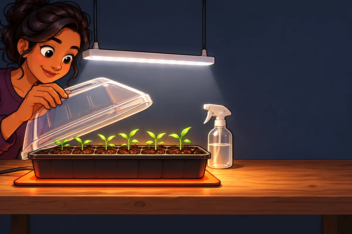 A woman lifting a clear dome off a seed tray of tiny pepper sprouts on an orange heat mat, under a white grow light on a dark basement shelf.