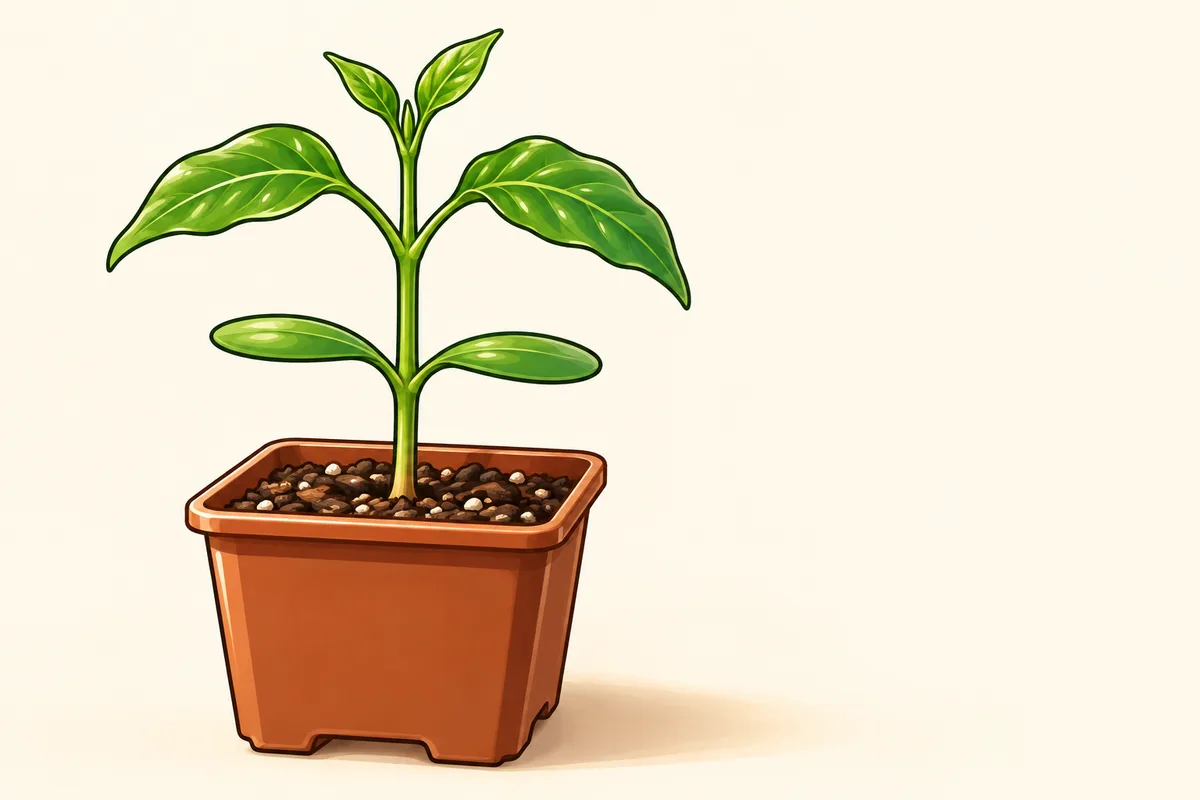 A small pepper seedling in a brown pot, with two smooth narrow seed leaves at the bottom, a pair of pointed true leaves above them, and a second small pair opening at the top.
