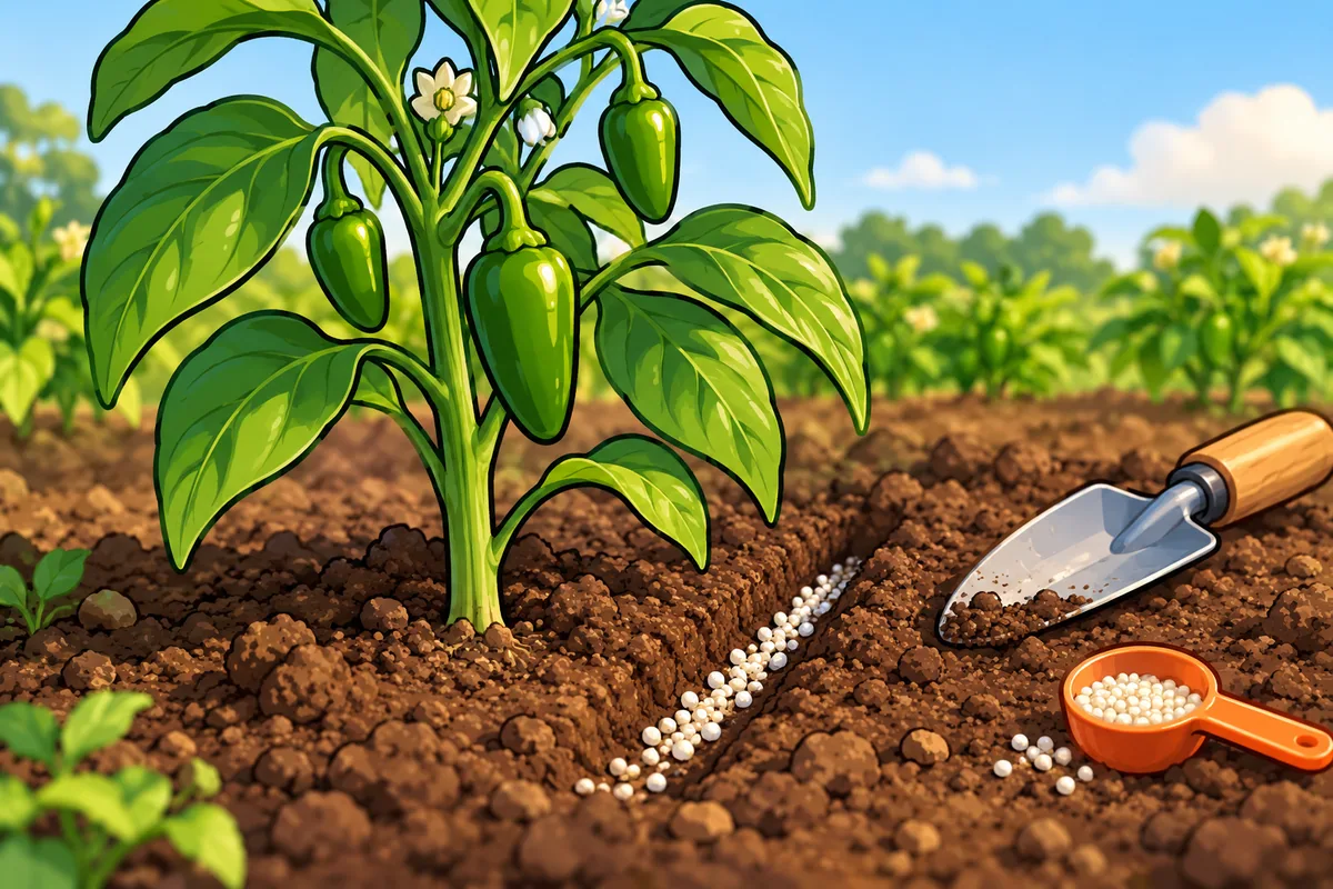 A pepper plant with green pods and white flowers, a shallow groove of white fertilizer granules in the soil a hand-width from its stem, a trowel and a scoop of granules beside it.