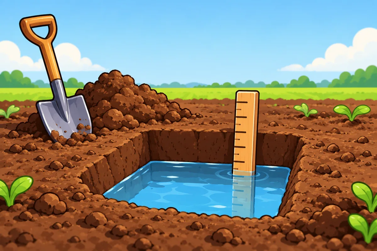 A square test hole dug in a bare vegetable bed, half full of water with a plain wooden ruler standing in it, a shovel and a mound of dug soil beside it.