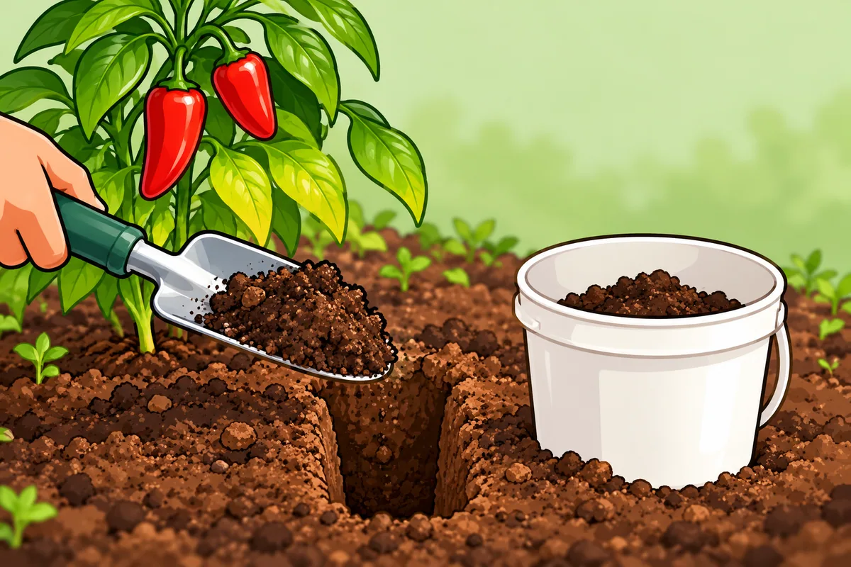 A steel trowel lifting a scoop of dark soil from a narrow hole beside a pepper plant with pale lower leaves, a clean white bucket standing on the soil nearby.