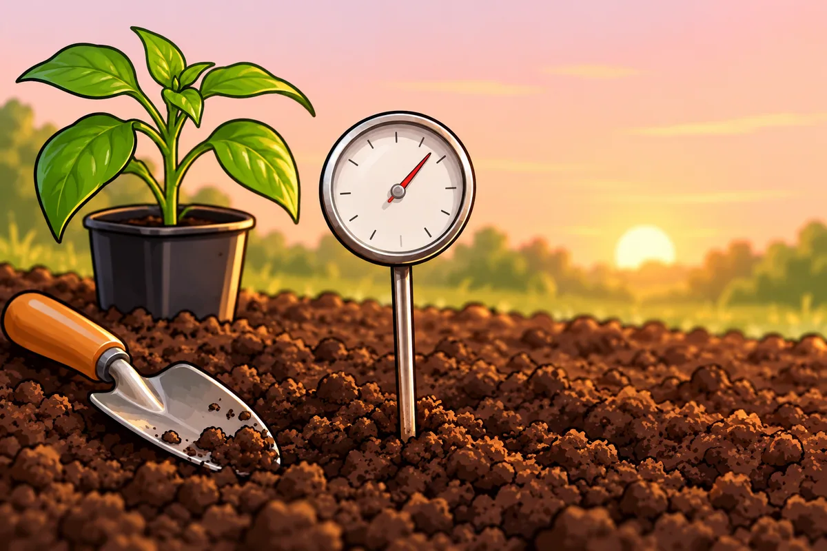 A stainless steel probe soil thermometer with a round dial pushed into dark garden soil, a young pepper transplant in a black pot and a trowel beside it at sunrise.
