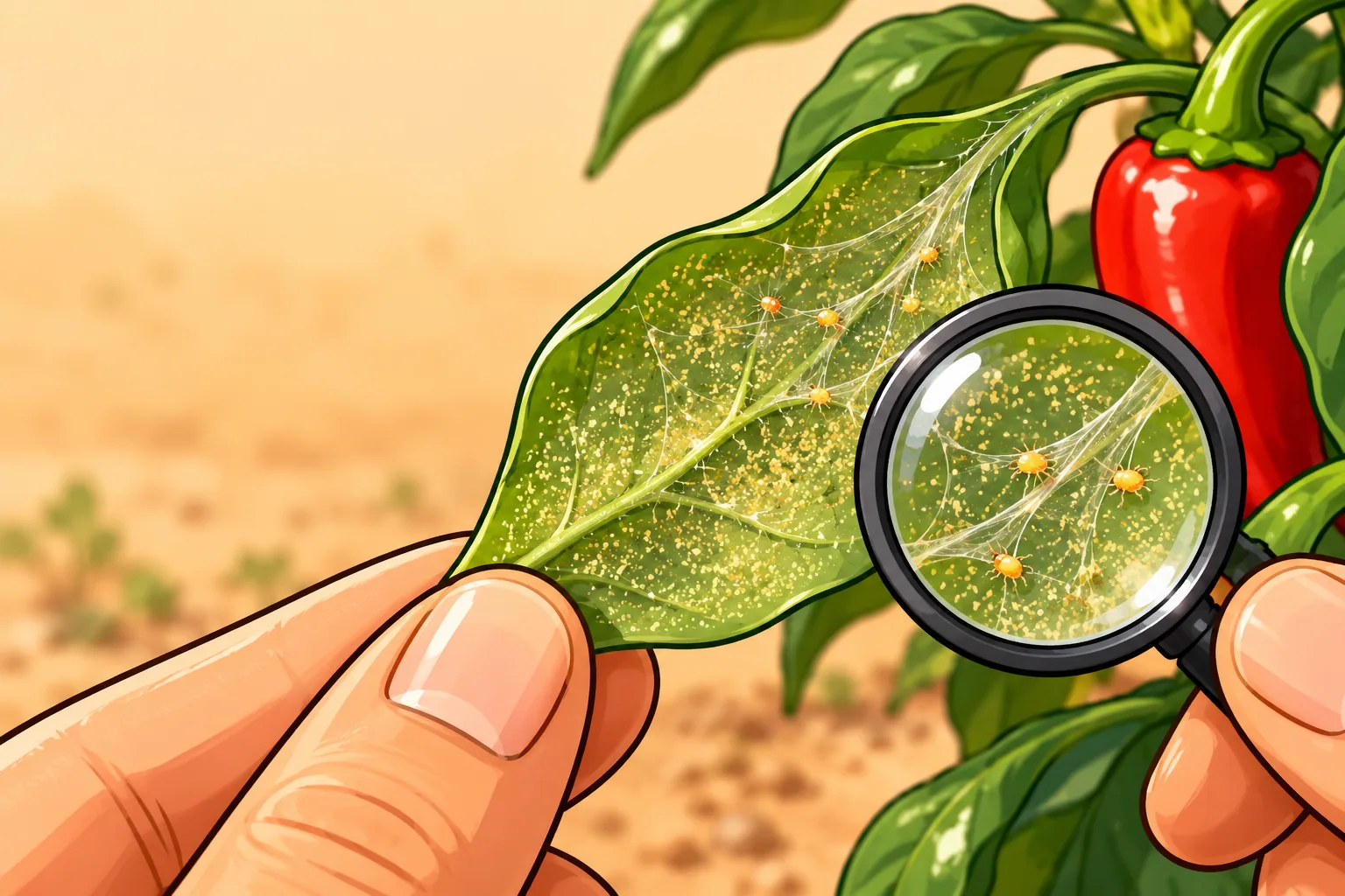 Two fingers turning over a pepper leaf to show pale yellow speckles and fine silky webbing on its underside, a small hand lens beside it, against a hazy dusty background.