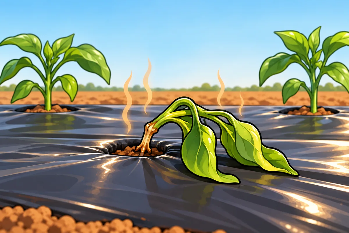 A young pepper plant slumped over at a small hole in shiny black plastic, its stem tan and pinched at the plastic edge, with two healthy plants standing upright in wider holes behind it.