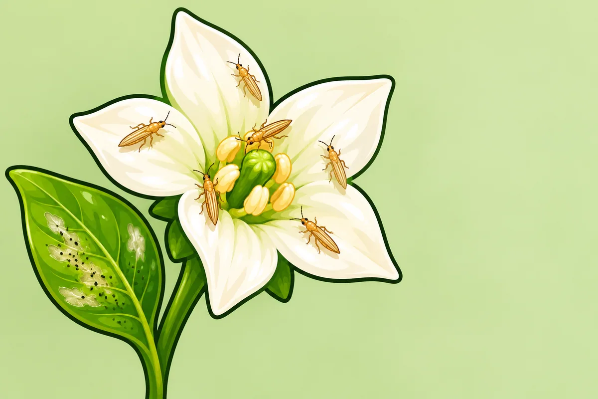 A large open white pepper flower with a handful of tiny pale insects crawling on its petals, and a small new leaf beside it with silvery patches and black specks.