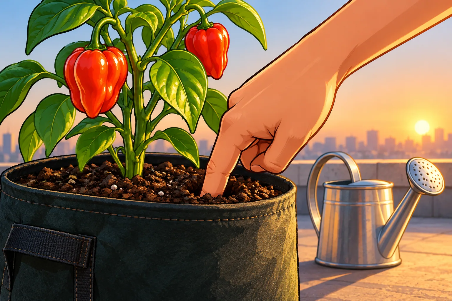 A hand pushing one finger into the soil of a pepper plant in a black fabric grow bag on a city rooftop at sunrise, a plain metal watering can beside it.