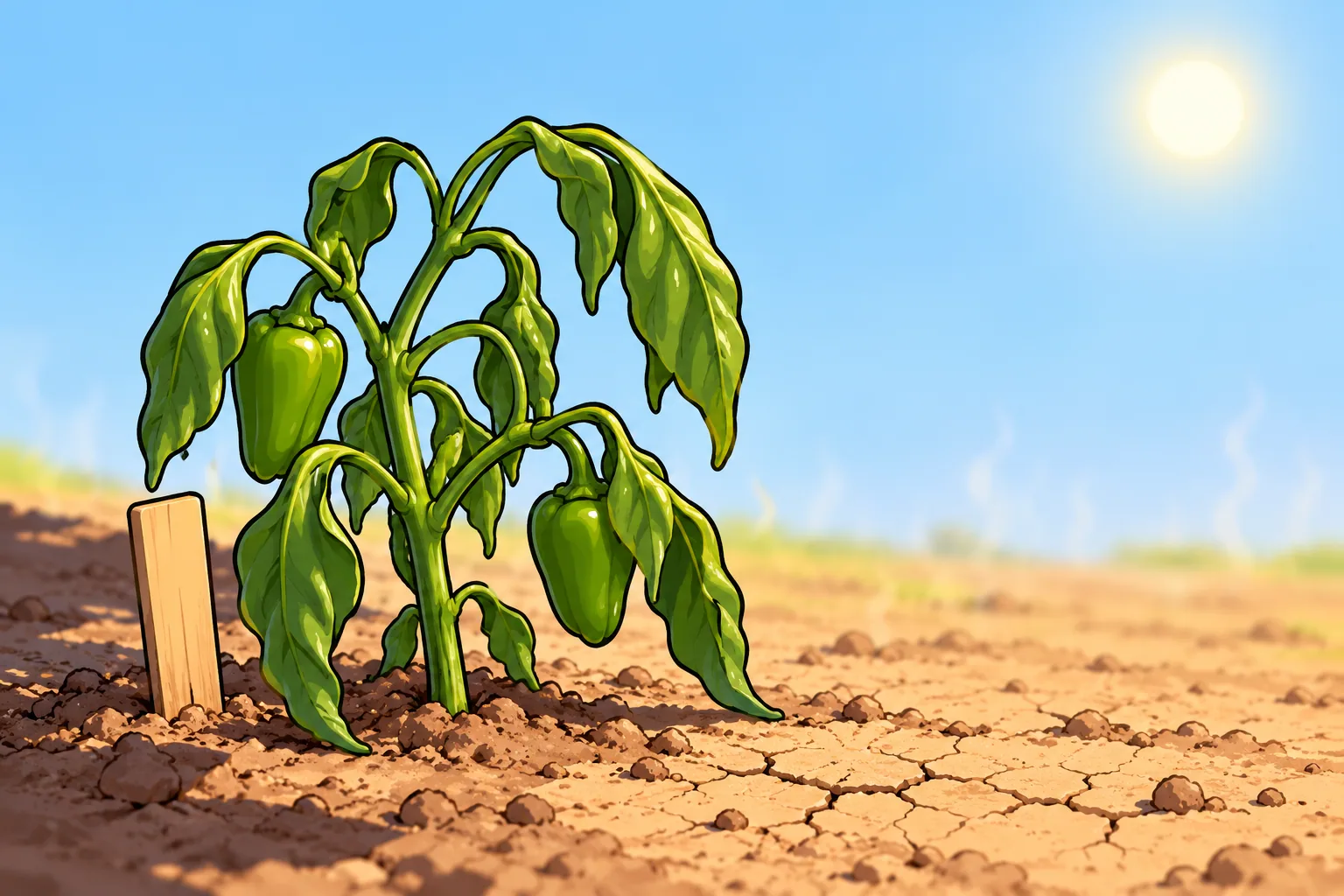A pepper plant with every leaf hanging limp on pale, cracked dry soil under a hard afternoon sun, a wooden plant label beside it.
