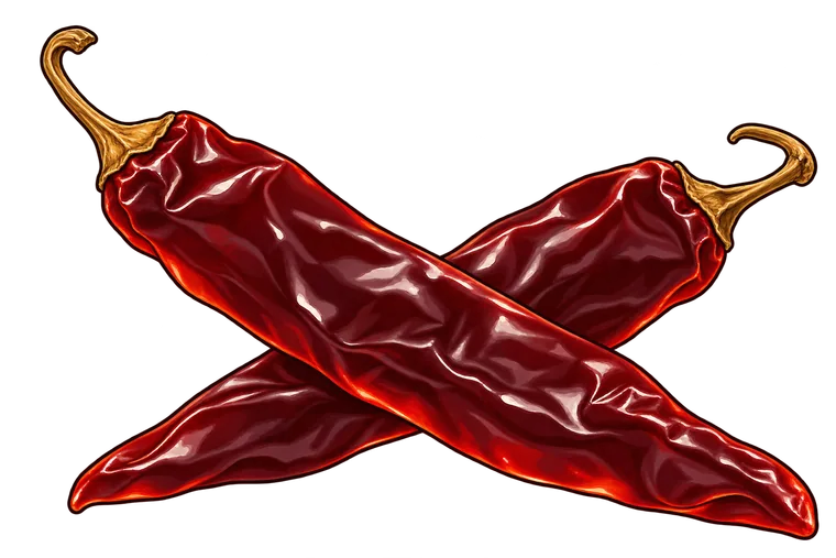 Two long, smooth, glossy dried guajillo chiles in deep burgundy red, crossed, with curled dried stems.
