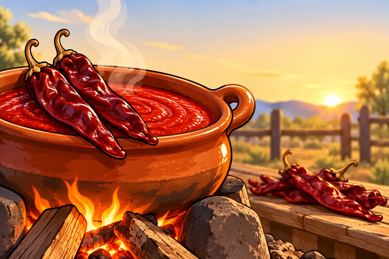 A clay pot of bright brick-red chile sauce over a wood fire at dawn, with glossy dried guajillos on the rim and a bundle of long New Mexico red pods on a plank.