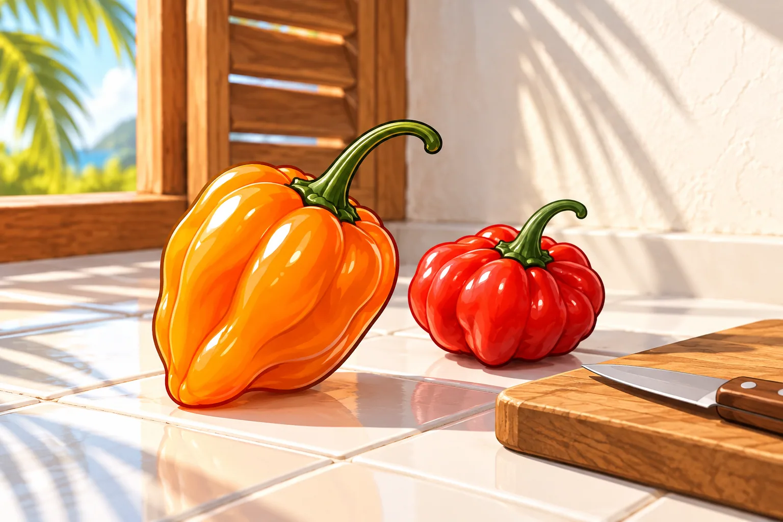 A glossy orange lantern-shaped habanero on a white tile counter in tropical morning light, with a squat wrinkled red Scotch bonnet and a small knife beside it.