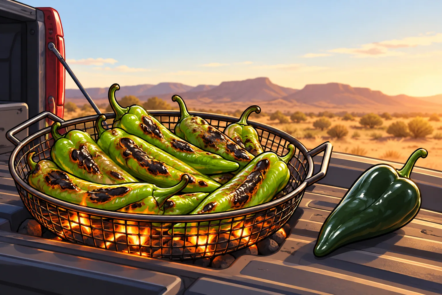 Long green New Mexico chiles with black blistered patches roasting in a wire basket over flames on a truck tailgate at a desert roadside, with a dark green poblano resting beside it.