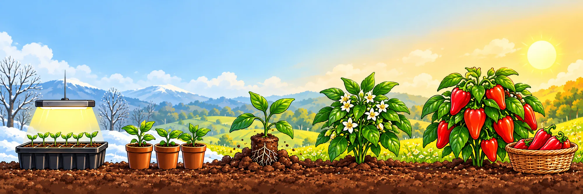 One pepper plant through the season on one strip of soil: a seed tray under a grow light in the snow, seedlings in pots, a young plant set into the ground, a flowering plant, and a plant full of red peppers beside a basket in summer sun.