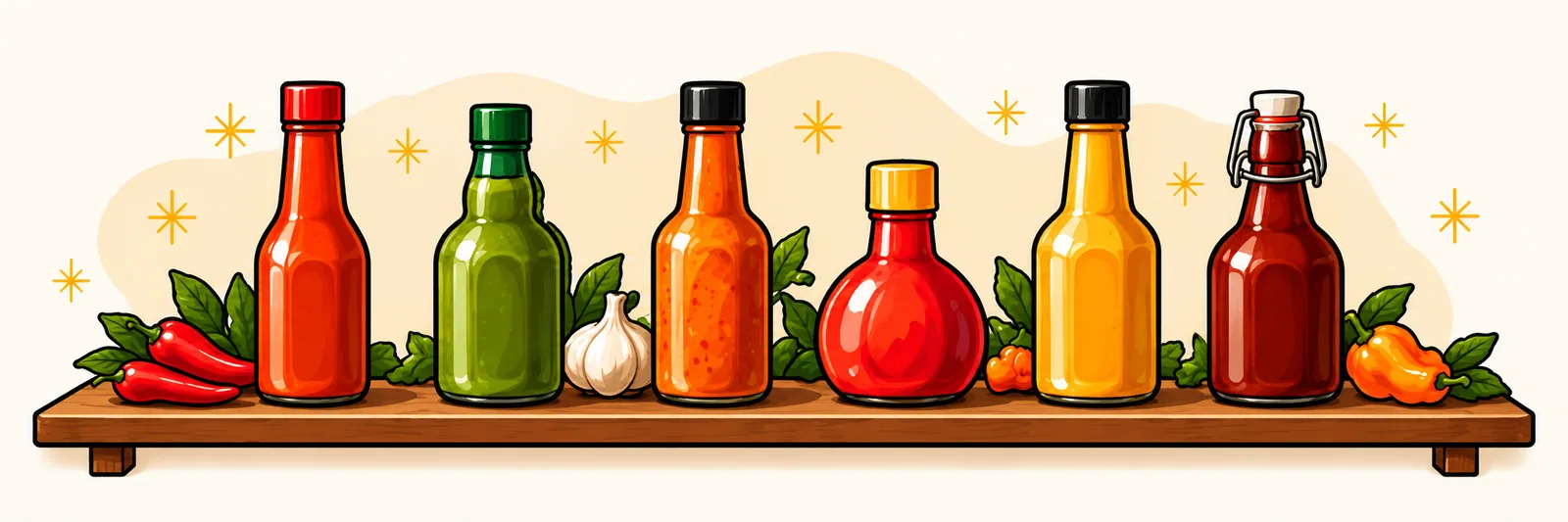 Six generic hot sauce bottles in red, green, orange, yellow and brick red on one wooden shelf, with fresh chiles and a garlic bulb between them.