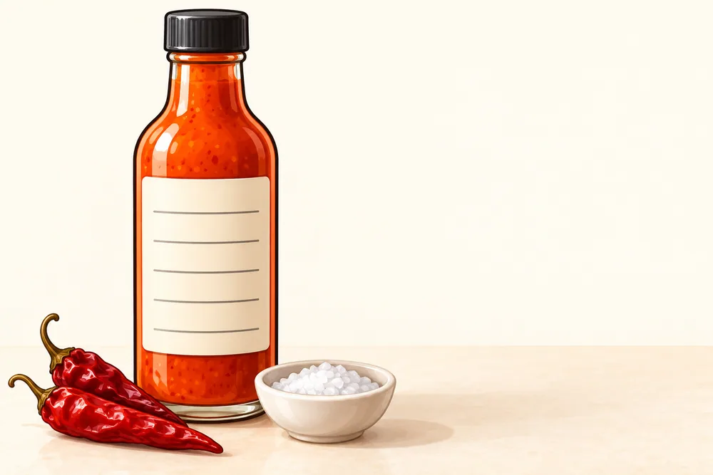 The back of a generic hot sauce bottle with a plain paper label showing blank ruled lines where an ingredient list would be, a few red chiles and a small dish of salt beside it.