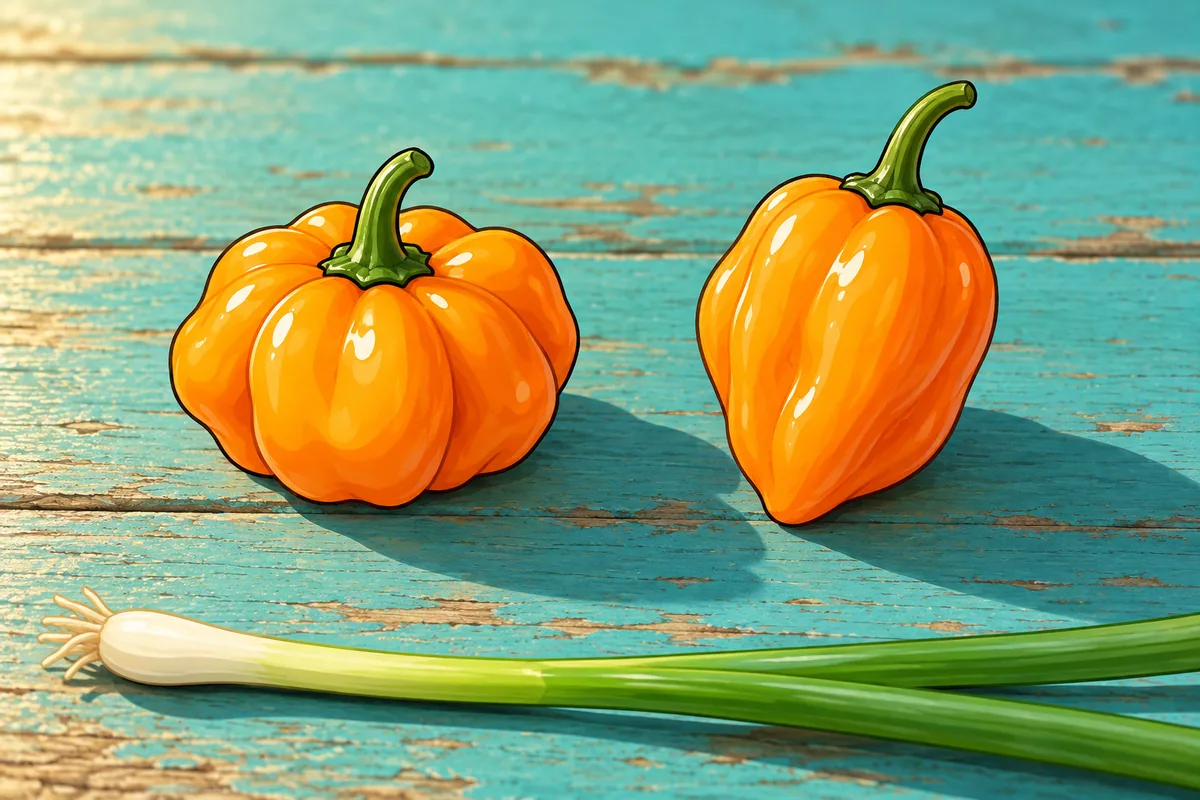 A squat, pleated orange scotch bonnet beside a taller, tapered orange habanero on a sun-bleached turquoise wooden plank, with a scallion lying below them.