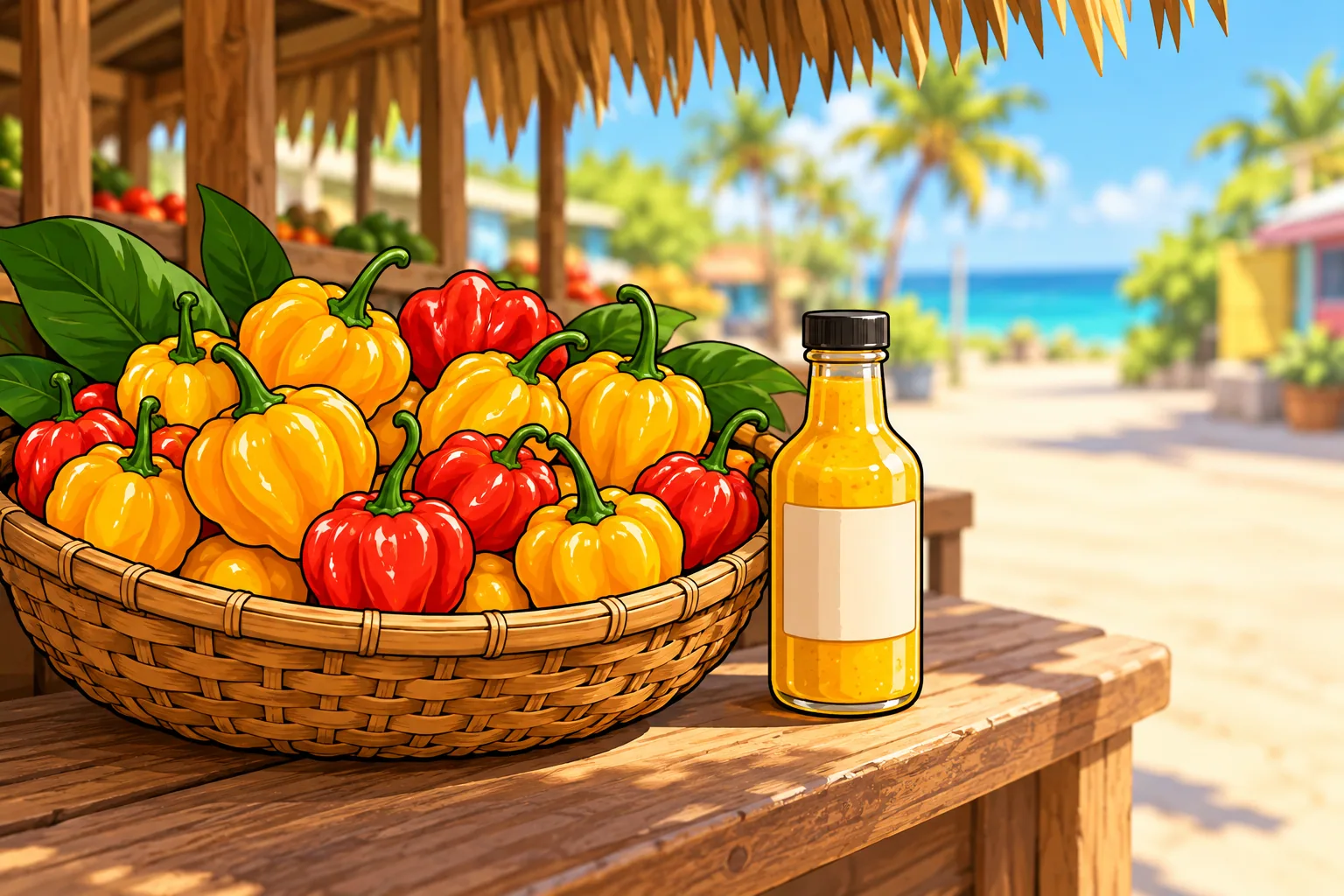 A woven basket of yellow and red scotch bonnet peppers on a market stall under a palm-thatch roof, with a bottle of yellow pepper sauce beside it and a bright sea behind.