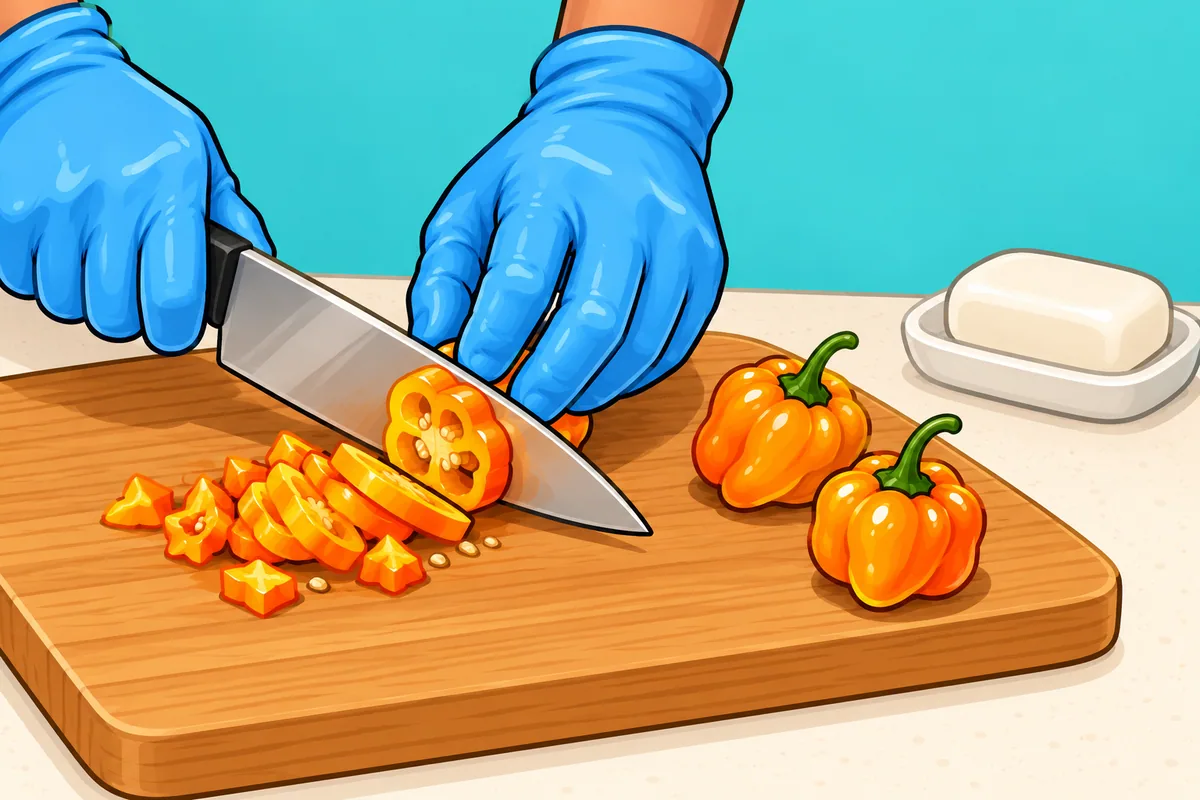 Two hands in blue gloves chopping orange scotch bonnet peppers on a wooden board, with two whole peppers and a bar of soap beside them.