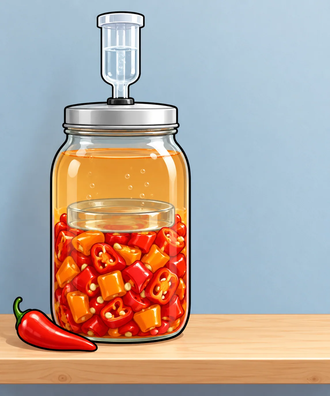 A quart glass jar on a pantry shelf, packed with chopped red and orange chiles under a round glass weight, cloudy brine up to the neck and a small airlock in the lid.