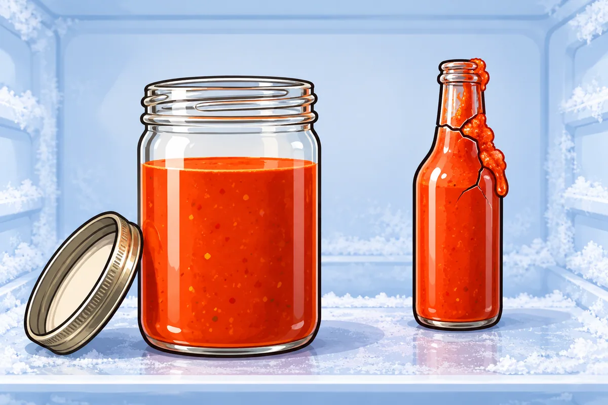 A wide-mouth glass jar of red sauce with an empty gap below the rim and its lid beside it, next to a narrow-necked bottle of sauce cracked across the neck, in a frosty freezer.