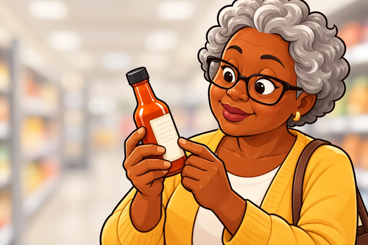 A person in reading glasses turns a generic unlabeled hot sauce bottle in one hand at a grocery shelf, other plain bottles in red, green and amber lined up behind.