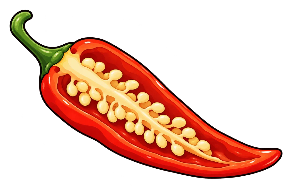 A long red chile cut in half lengthwise, showing pale ribs running down the middle with cream seeds attached, and the red outer flesh.