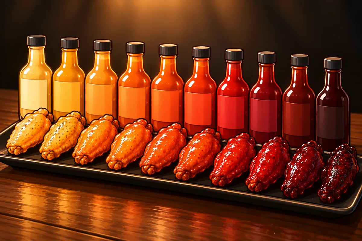 Ten chicken wings on a long dark plate in a row, each glazed a slightly deeper shade from pale orange to almost black red, beside ten small generic unlabeled sauce bottles.