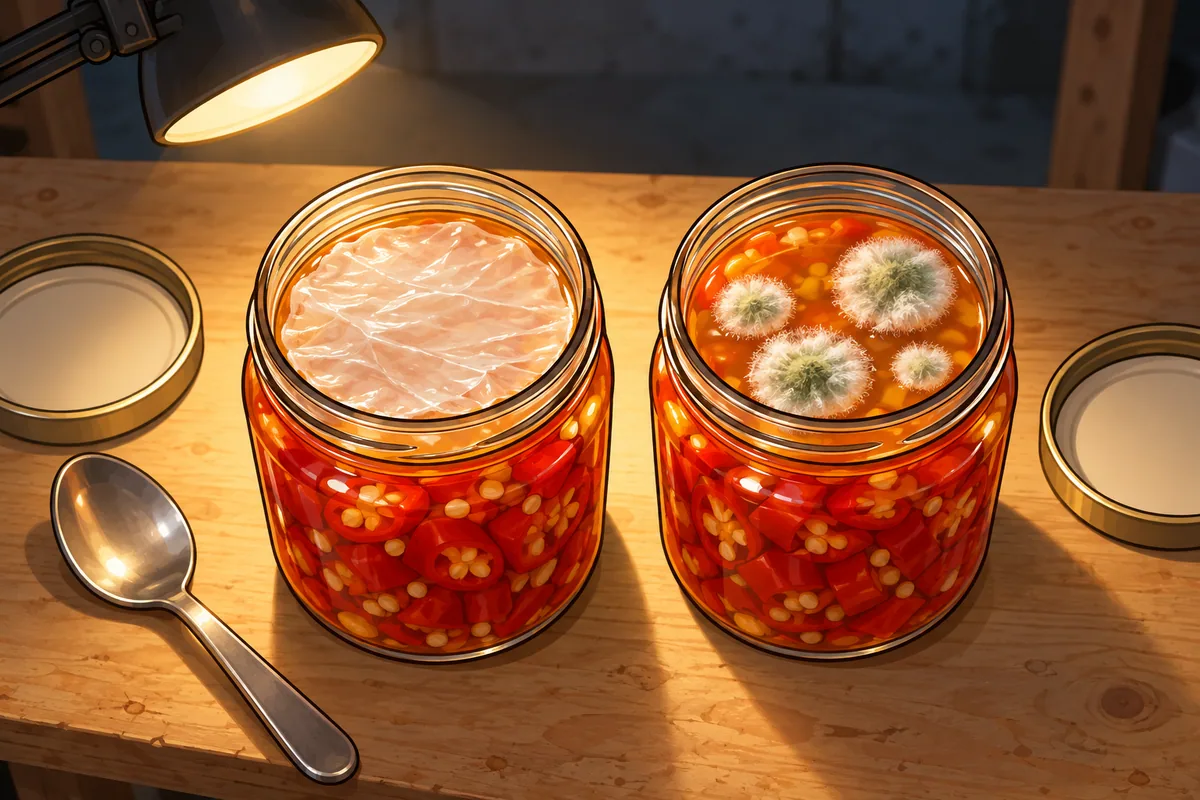 Two open jars of chopped red chiles in orange brine seen from above under a lamp: the left surface covered by a flat, wrinkled white film, the right one dotted with raised, fuzzy green-white spots.