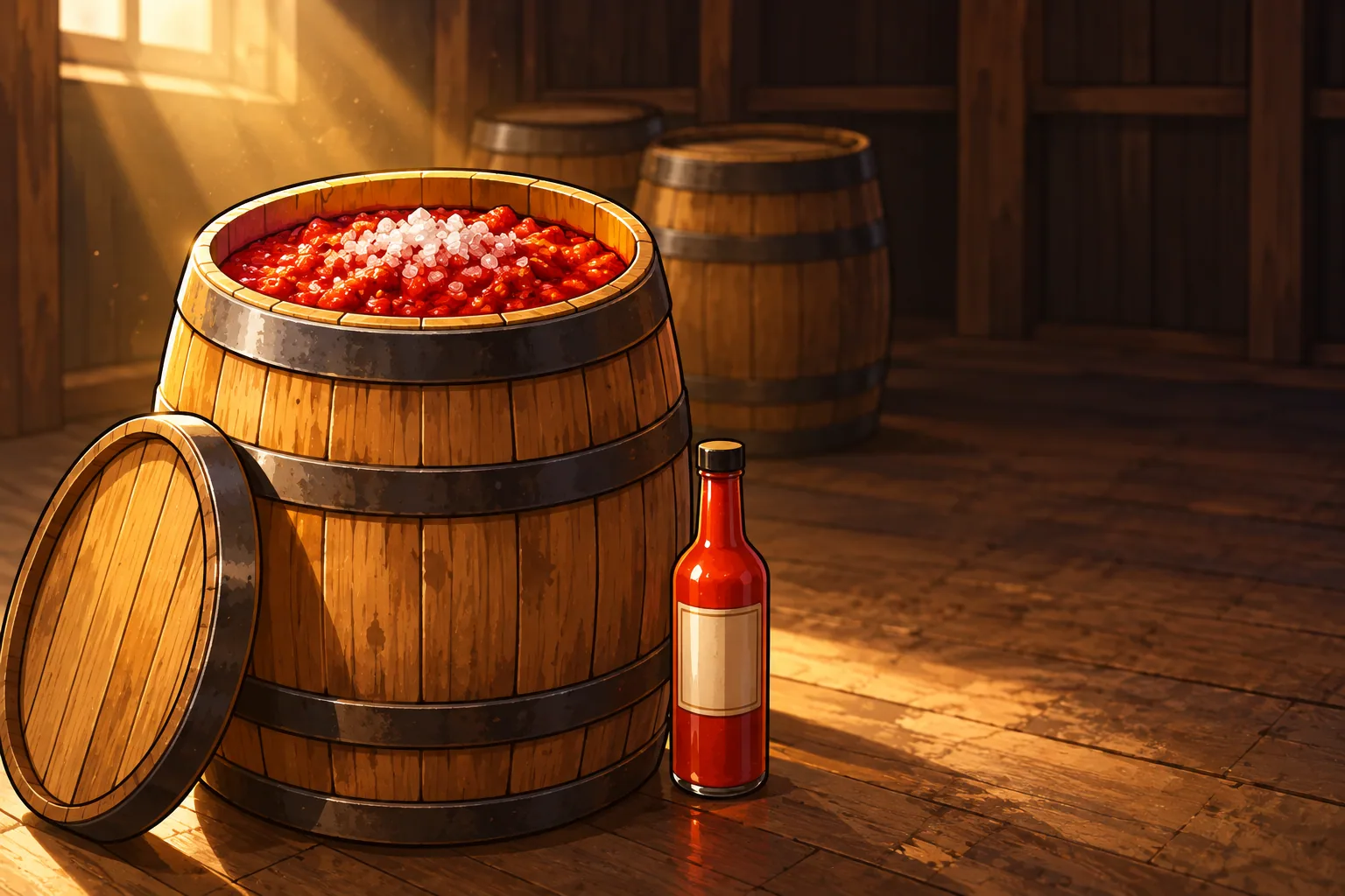 An open oak barrel of bright red pepper mash with a crust of salt on top, lit by a shaft of light in a dim barrel warehouse, with a slim bottle of red sauce at its foot.