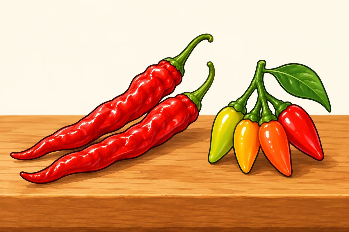Two long slim red cayenne pods lying beside a short cluster of four small tabasco peppers ripening from yellow-green through orange to red, on a wooden board.