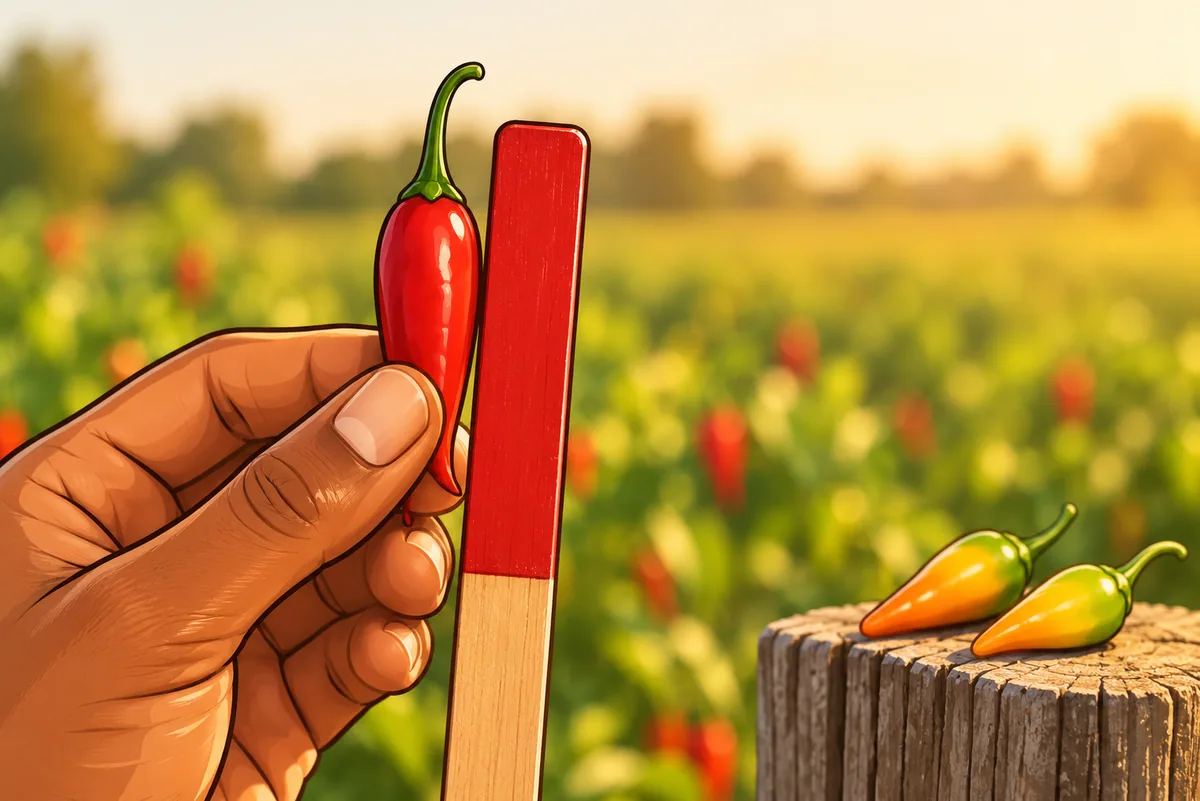 A hand holds a small slim red pepper pod against a flat wooden stick painted the same deep red, with two yellow-orange unripe pods on a fence post and a pepper field behind.
