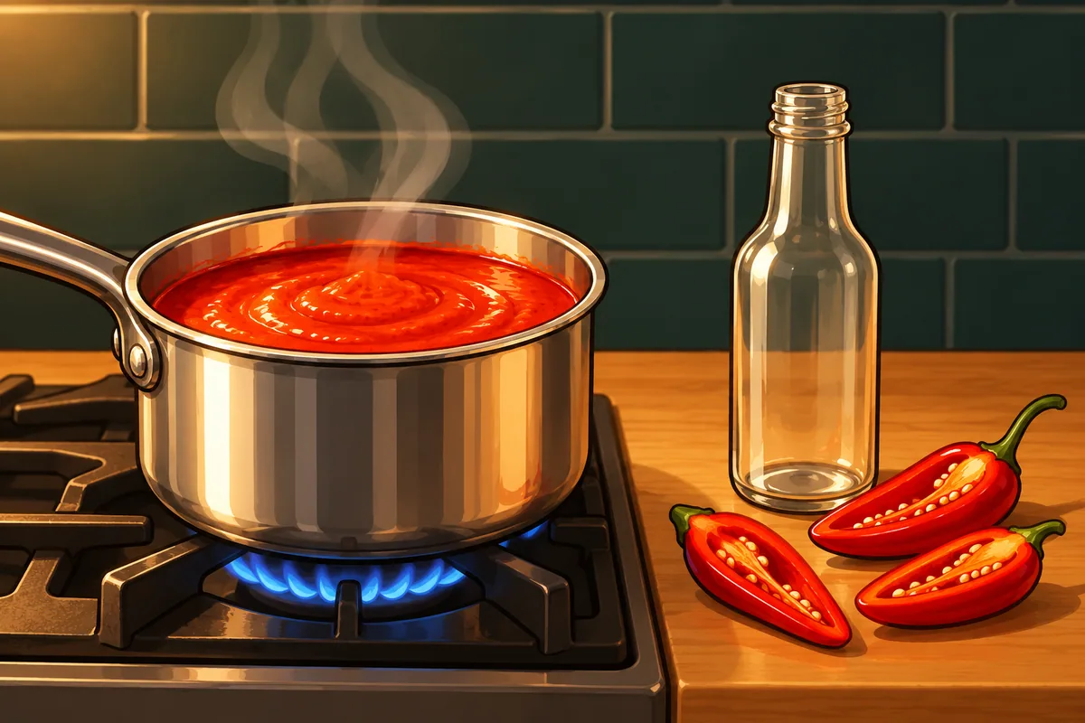 A small steel pot of smooth red sauce on a stovetop, a cutting board with halved serrano chiles and a pair of disposable gloves beside it, and three empty glass bottles waiting.