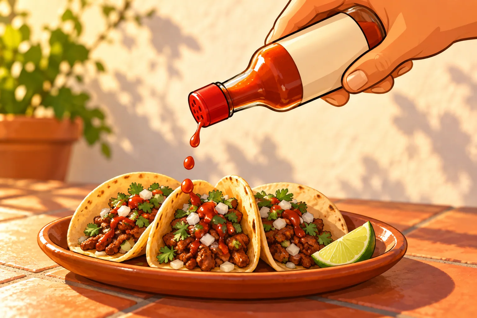 A hand shakes drops of thin red hot sauce from a plain bottle onto three small tacos on a clay plate, on a terracotta patio table in late afternoon sun.