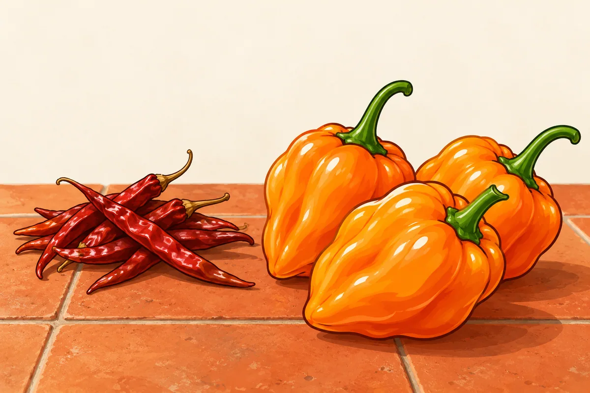 Three glossy orange habanero peppers beside a small pile of slim brick-red dried árbol pods on terracotta tiles.