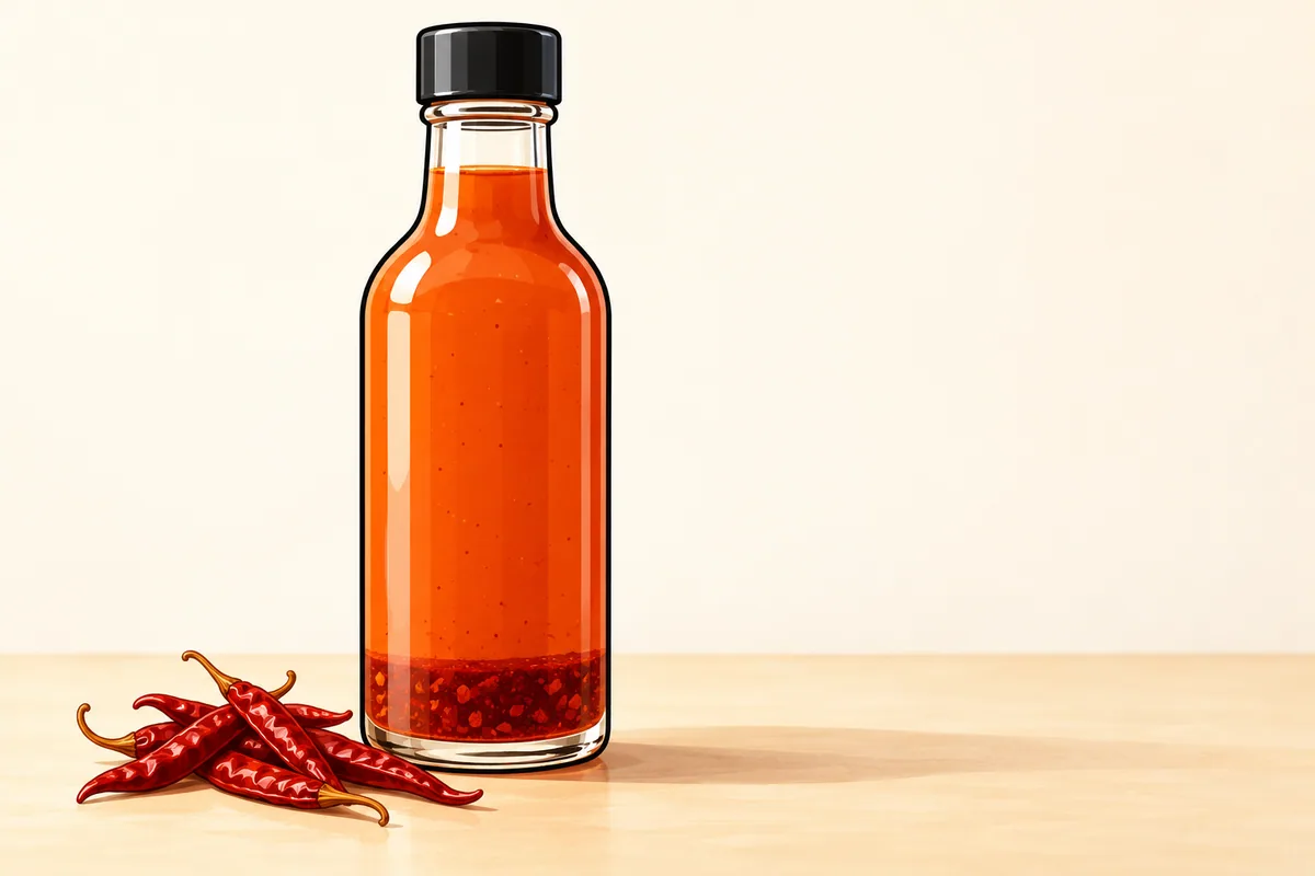 A clear sauce bottle with a black cap filled with thin orange-red liquid and only a thin layer of dark red chile at the bottom, with a small pile of dried red chiles at its foot.