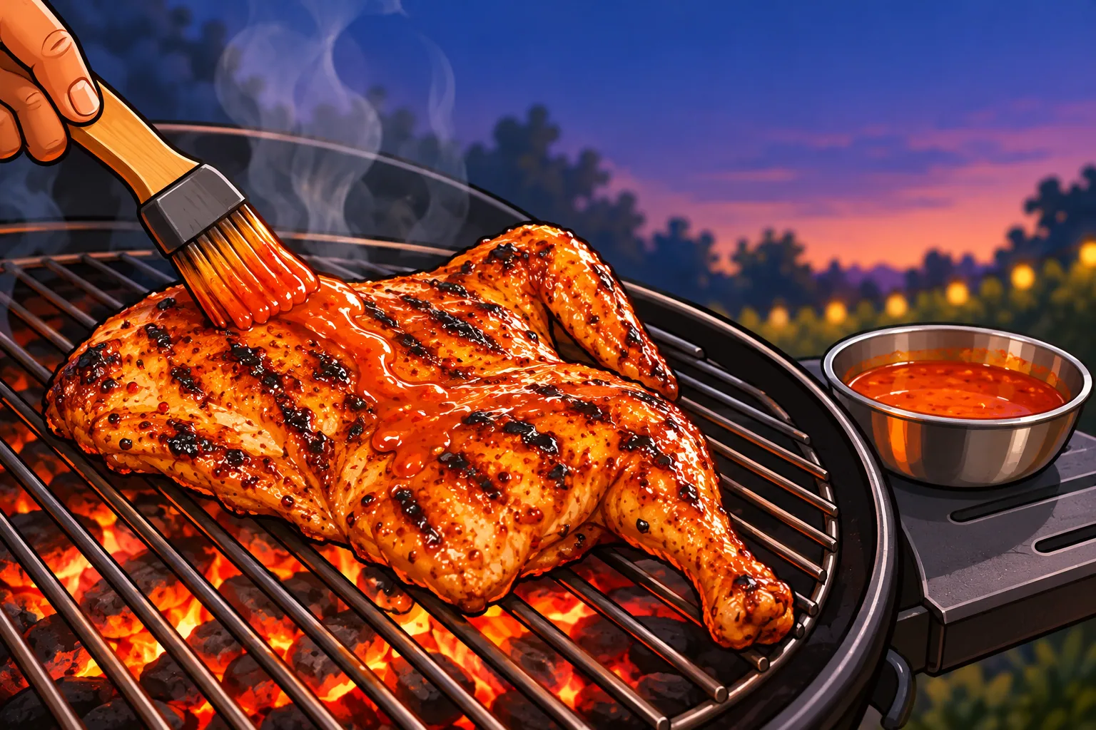 A hand brushes glossy orange-red sauce onto a butterflied half chicken on a charcoal grill at dusk, with a small bowl of sauce on the grill's side shelf.