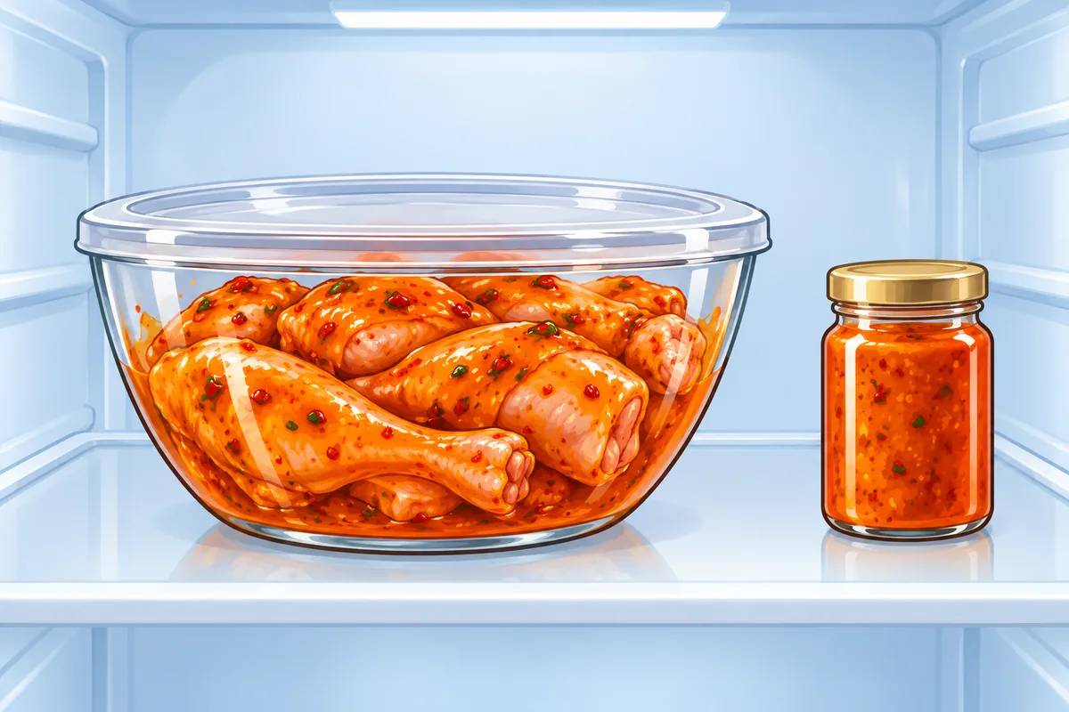 A fridge shelf holding a large covered glass bowl of chicken pieces coated in orange-red sauce, and a small clean jar of the same sauce standing apart.