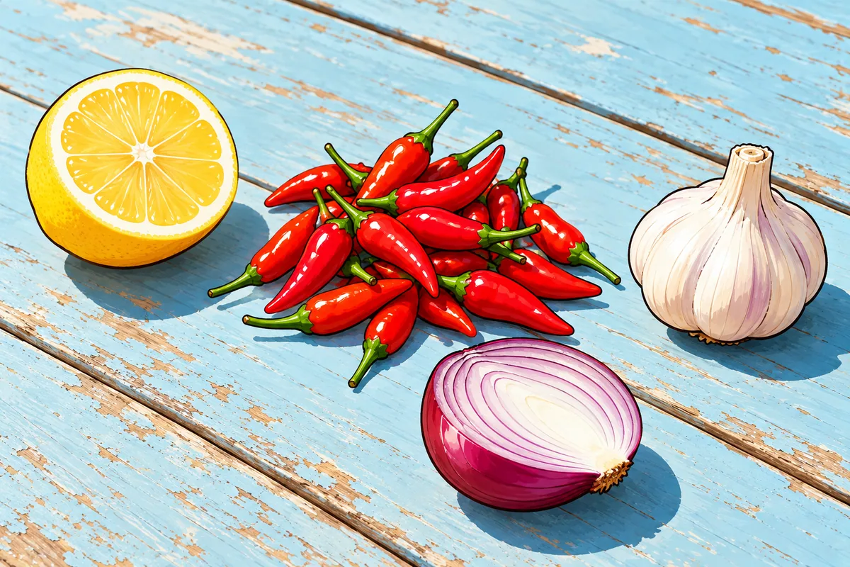 On a pale blue outdoor table in bright sun: a pile of small red bird's eye chillies in the middle, half a lemon at the left, a garlic bulb at the right and half a red onion at the front.