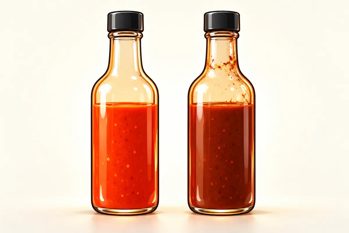 Two identical generic hot sauce bottles side by side on a windowsill, the left sauce a bright orange red, the right one a dull brick brown, both about half full.