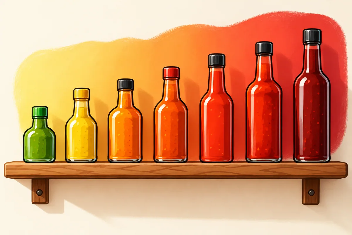 Generic unlabeled hot sauce bottles lined up from short green to tall dark red along a long wooden shelf, with a thin heat gradient painted on the wall behind them.
