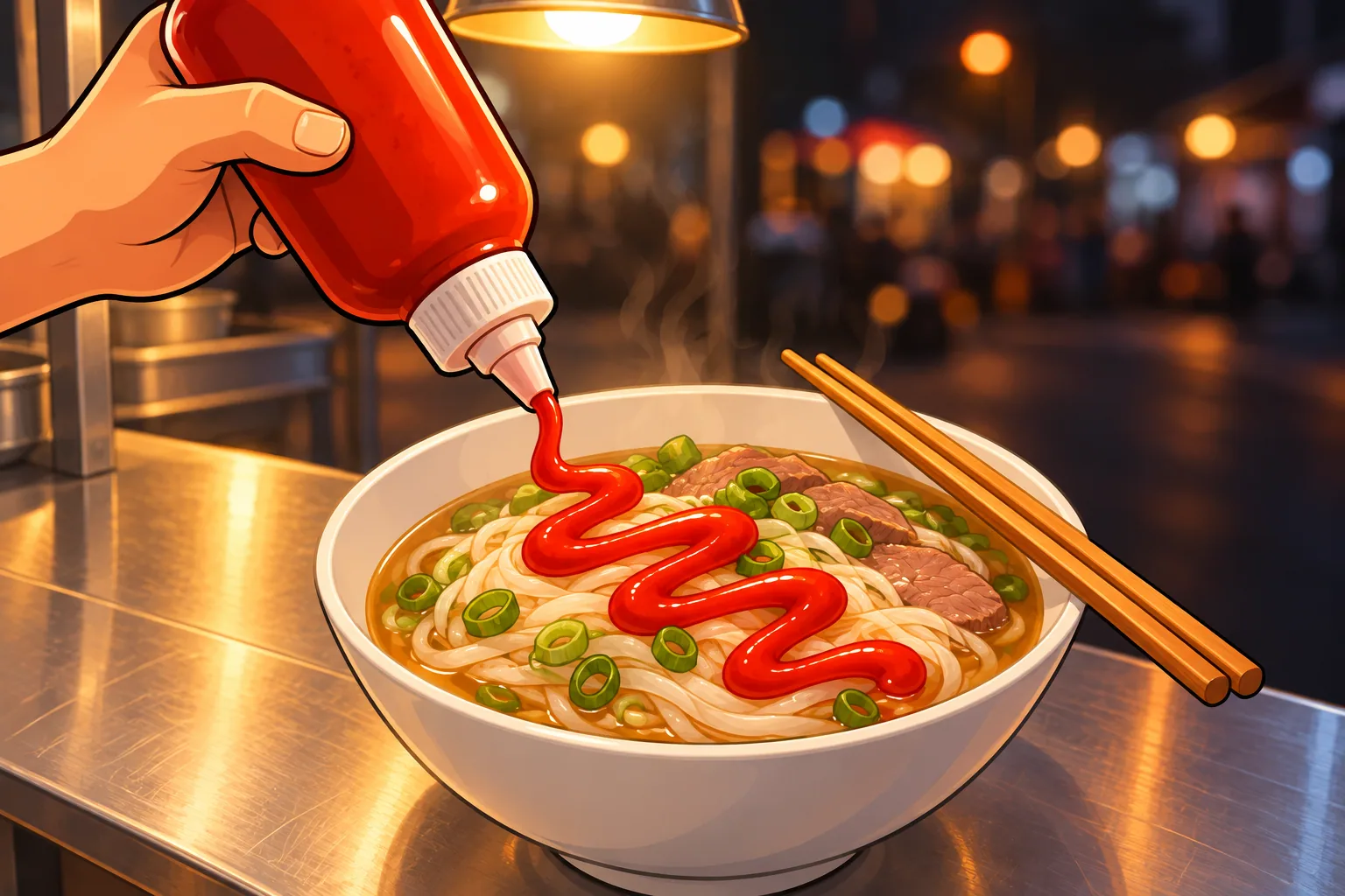 A hand squeezes a smooth red ribbon of chili sauce from a clear squeeze bottle onto a bowl of noodle soup at a night street stall.