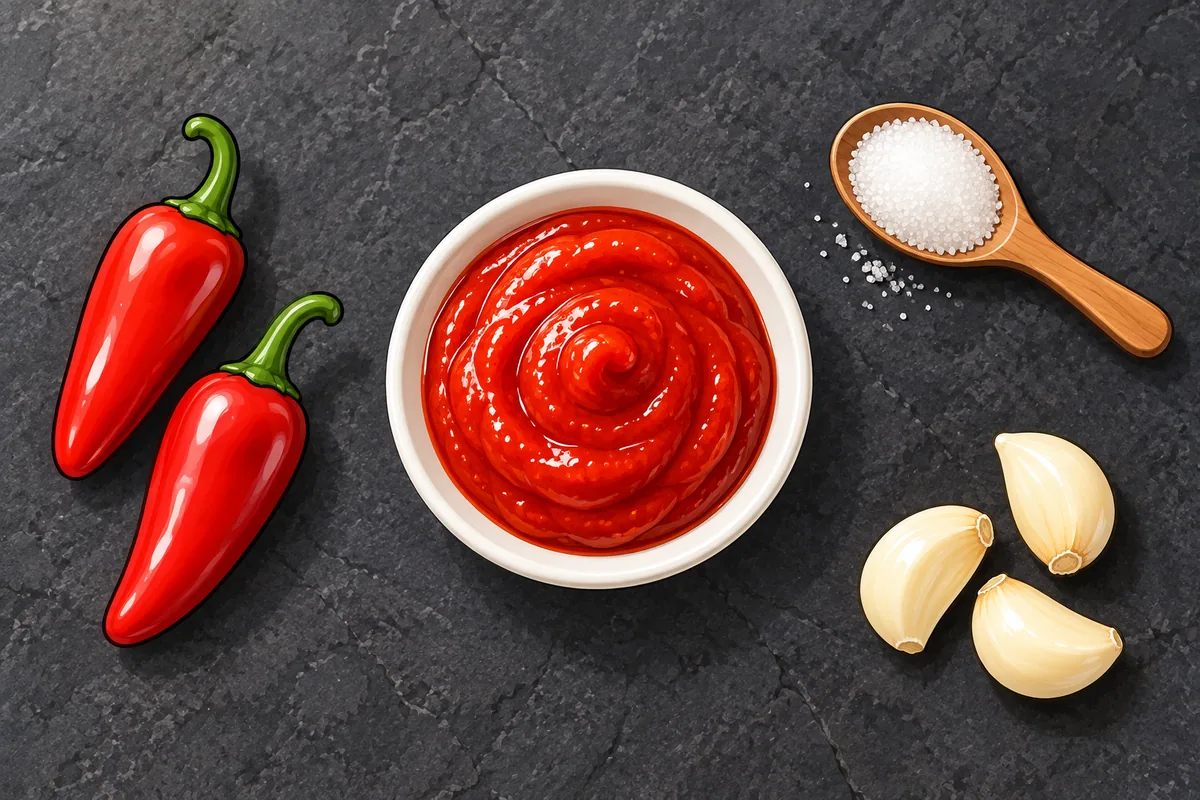 Seen from above on dark slate: a white dish of smooth red chili paste in the center, two ripe red chilies at the left, a wooden spoon of sugar at the top right and three garlic cloves at the bottom right.