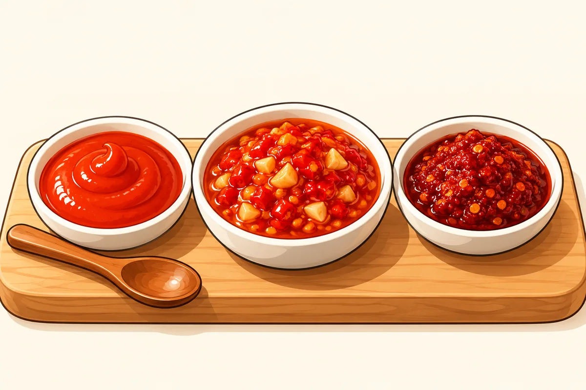 Three small white dishes on a wooden board: a smooth glossy red paste, a thick chunky sauce with garlic pieces, and a coarse dark red chile puree.