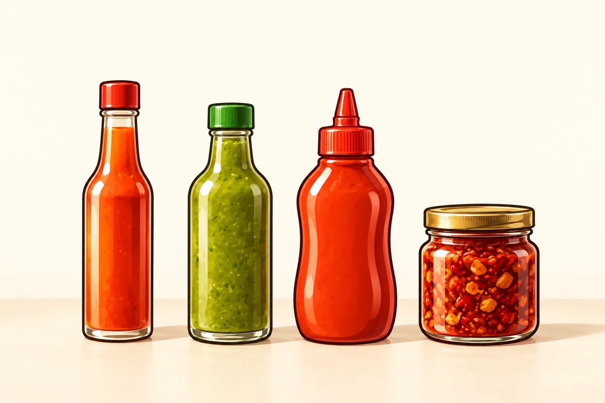 A dozen generic unlabeled hot sauce bottles and small jars in a loose grid on a pale table, each a different color from green through red and orange to dark brown.