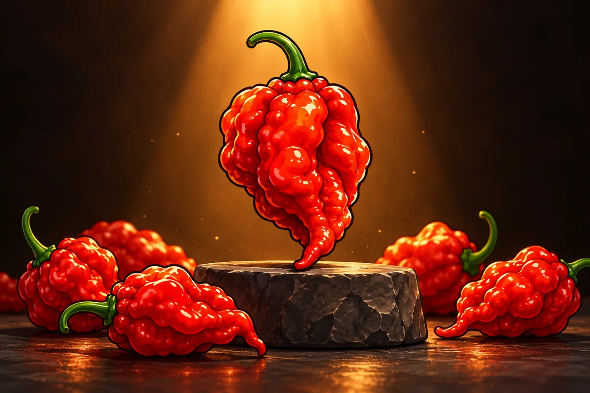 A single wrinkled, deeply ridged super-hot pepper standing on a small dark pedestal, with a few red super-hot pods lying around its base.
