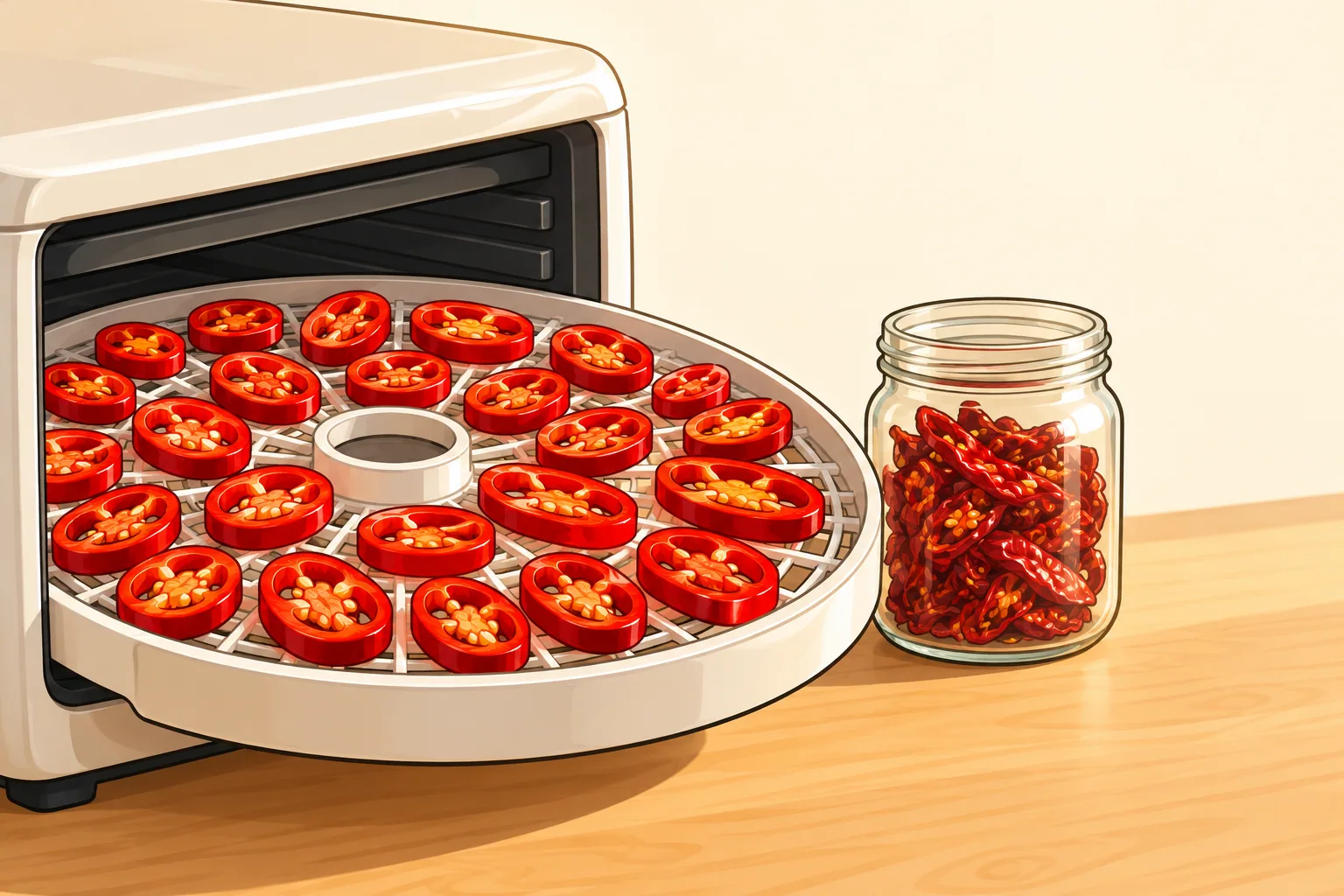 Dehydrator trays of sliced red and green chiles on a kitchen counter, with a string of small red peppers drying by the window behind them.