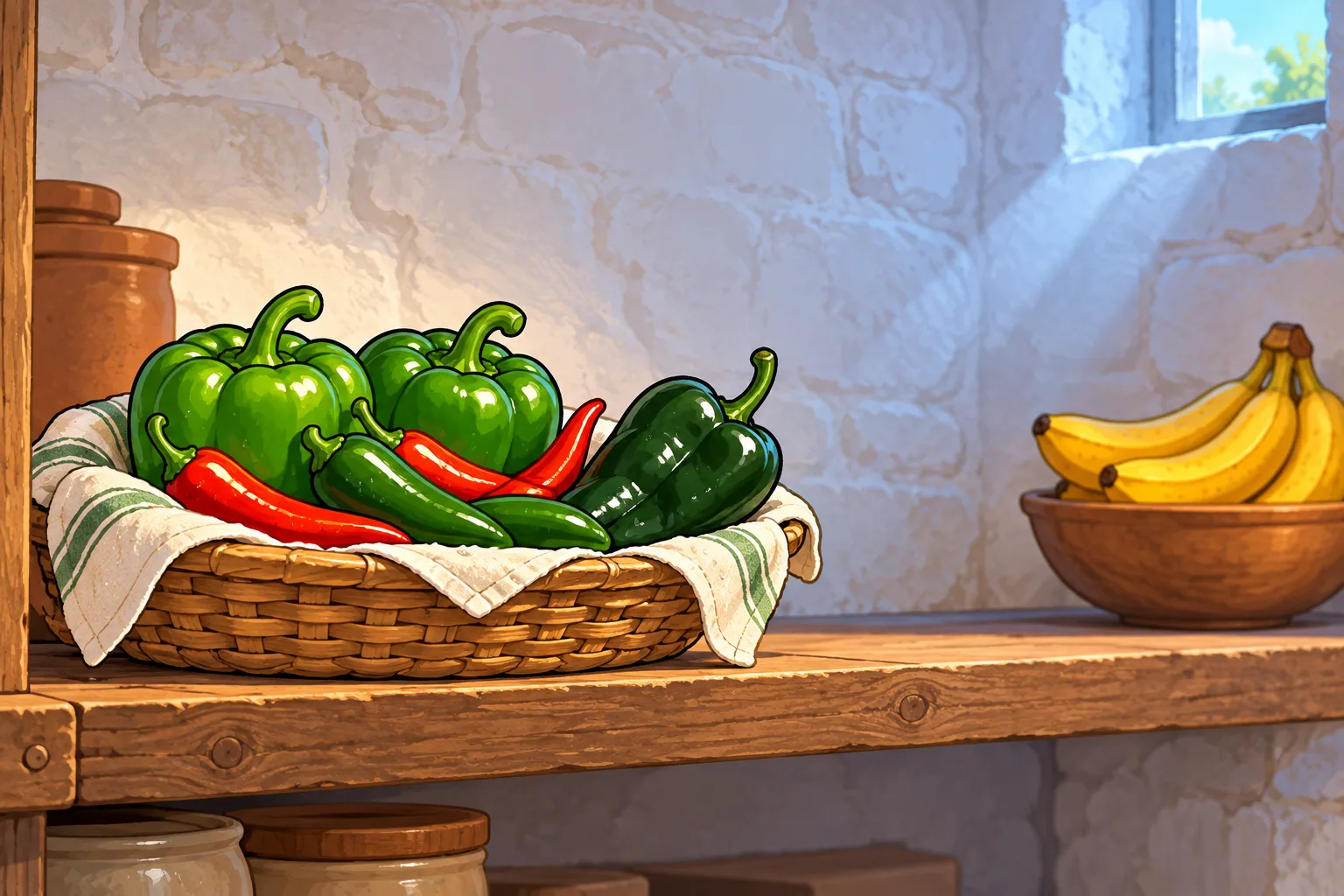 A cloth-lined woven basket of green bell peppers, red and green chiles and a poblano on a cool stone cellar shelf, with a bowl of bananas set apart at the far end.