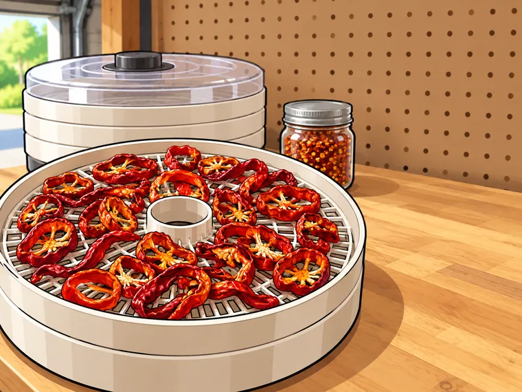 A dehydrator tray of brittle dried red pepper rings on a garage workbench, with a small jar of flakes.
