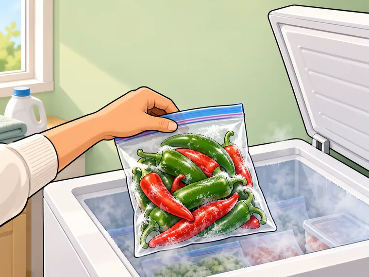 A hand lowering a frosty bag of whole green and red chiles into an open chest freezer.