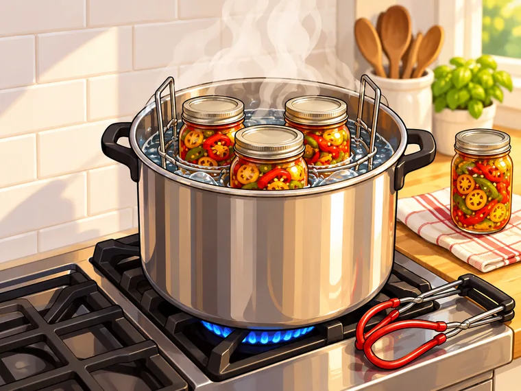 Jars of pickled pepper rings in a rack inside a boiling water canner on a gas stove.